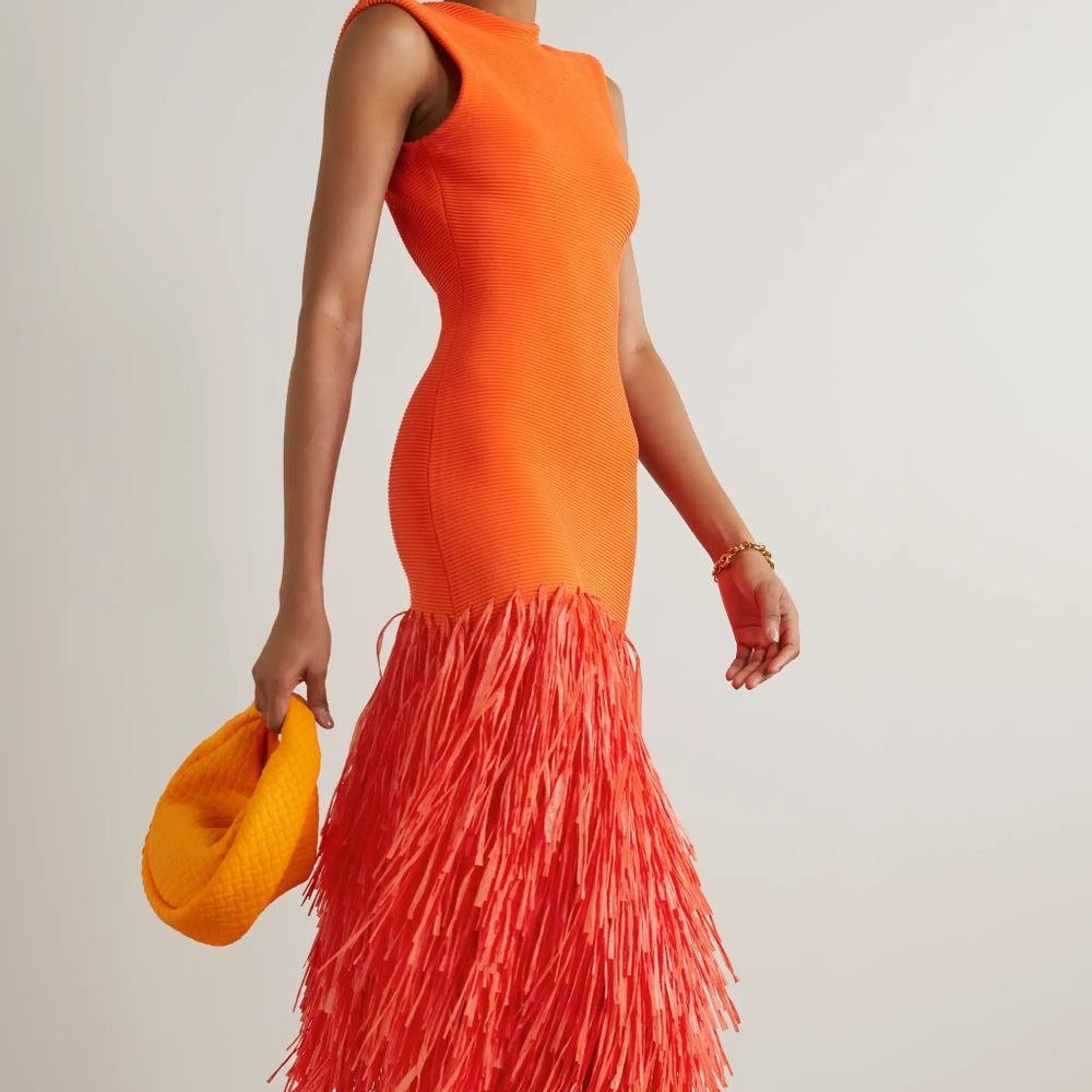 AJE Fringed faux raffia-trimmed ribbed stretch-knit midi dress